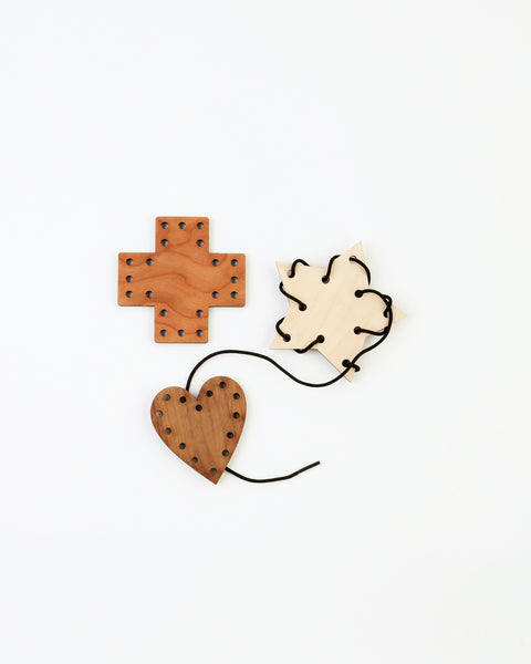 wood lacing toy with three shapes