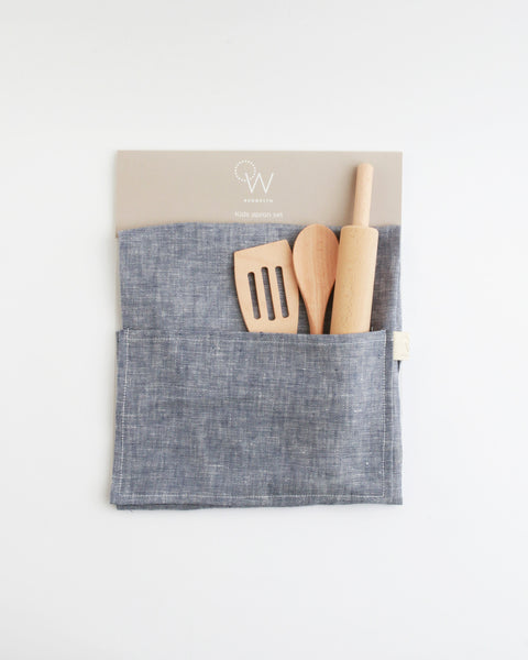 Kids Apron & Utensils in Indigo Linen