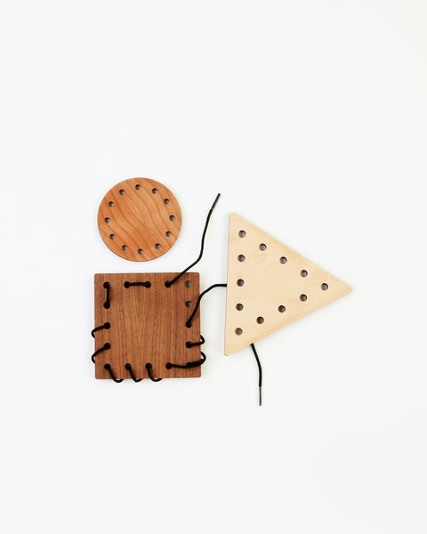 wood lacing toy set with three shapes